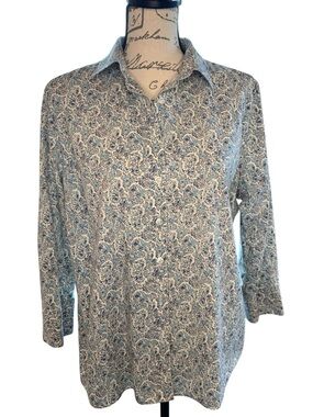 Lands' End Blue Paisley Button-Up Blouse